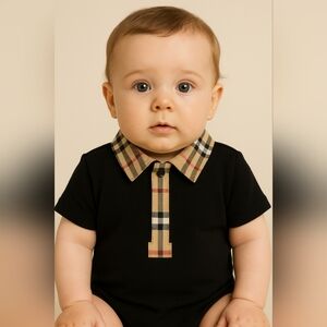 $250 Burberry Vintage Check Trim Cotton Piqué Polo Shirt Size 6 months